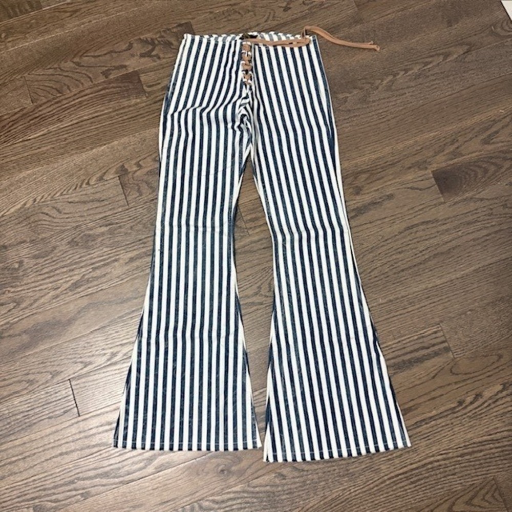 Blue Striped Lace Up Low Rise Flare Pants Small New Beach Boho Festival